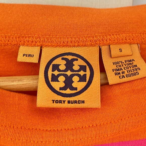Tory Burch Bright Pink/Orange Striped Boatneck Top, logo on hip and buttons, S - Picture 5 of 6